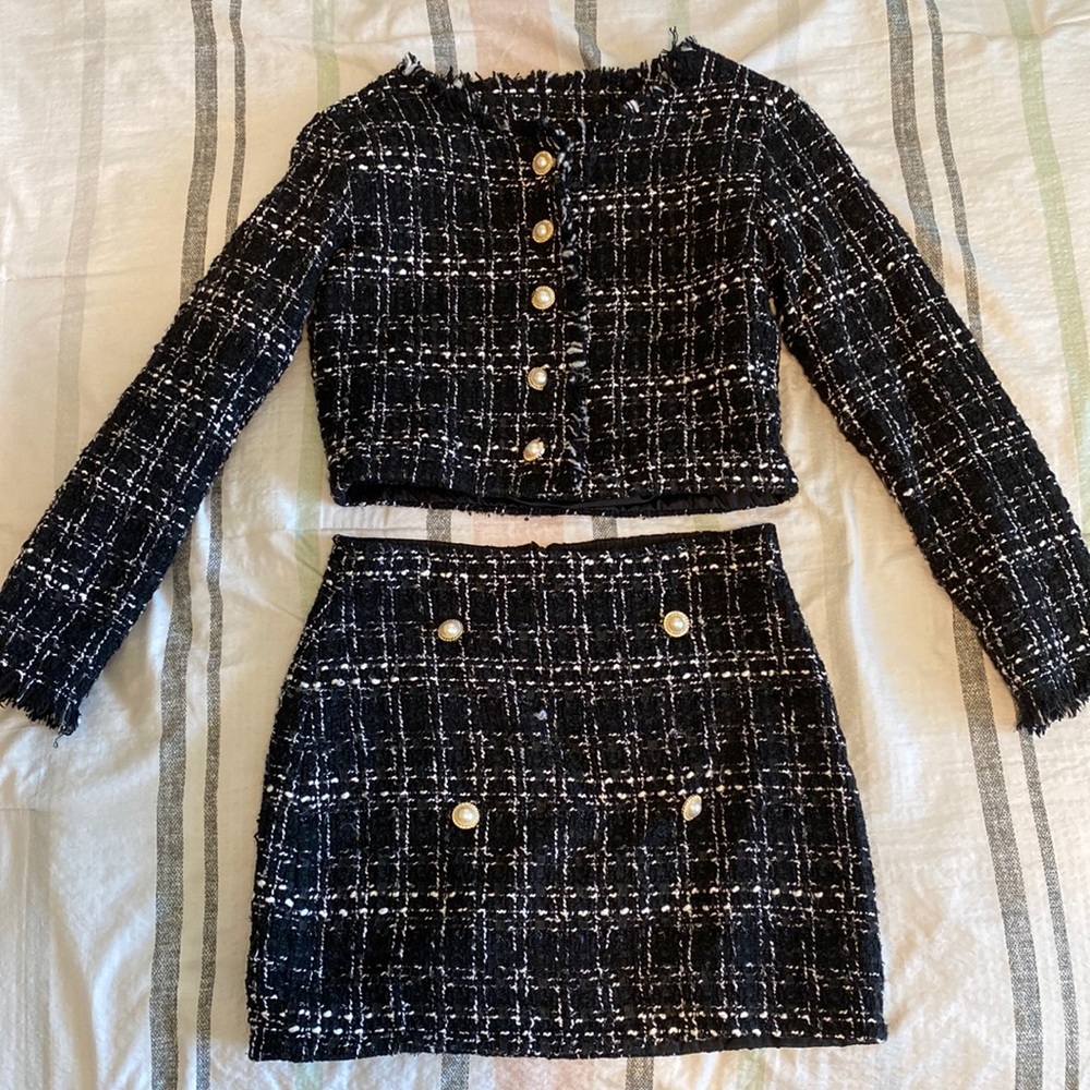 Buttoned Up Plaid Blazer and Skirt Set